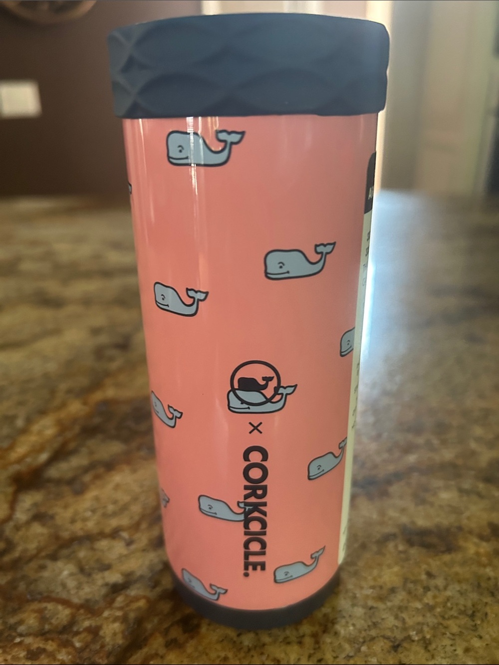 Corkcicle Pink Tumbler with Blue Whale Print and Navy Lid